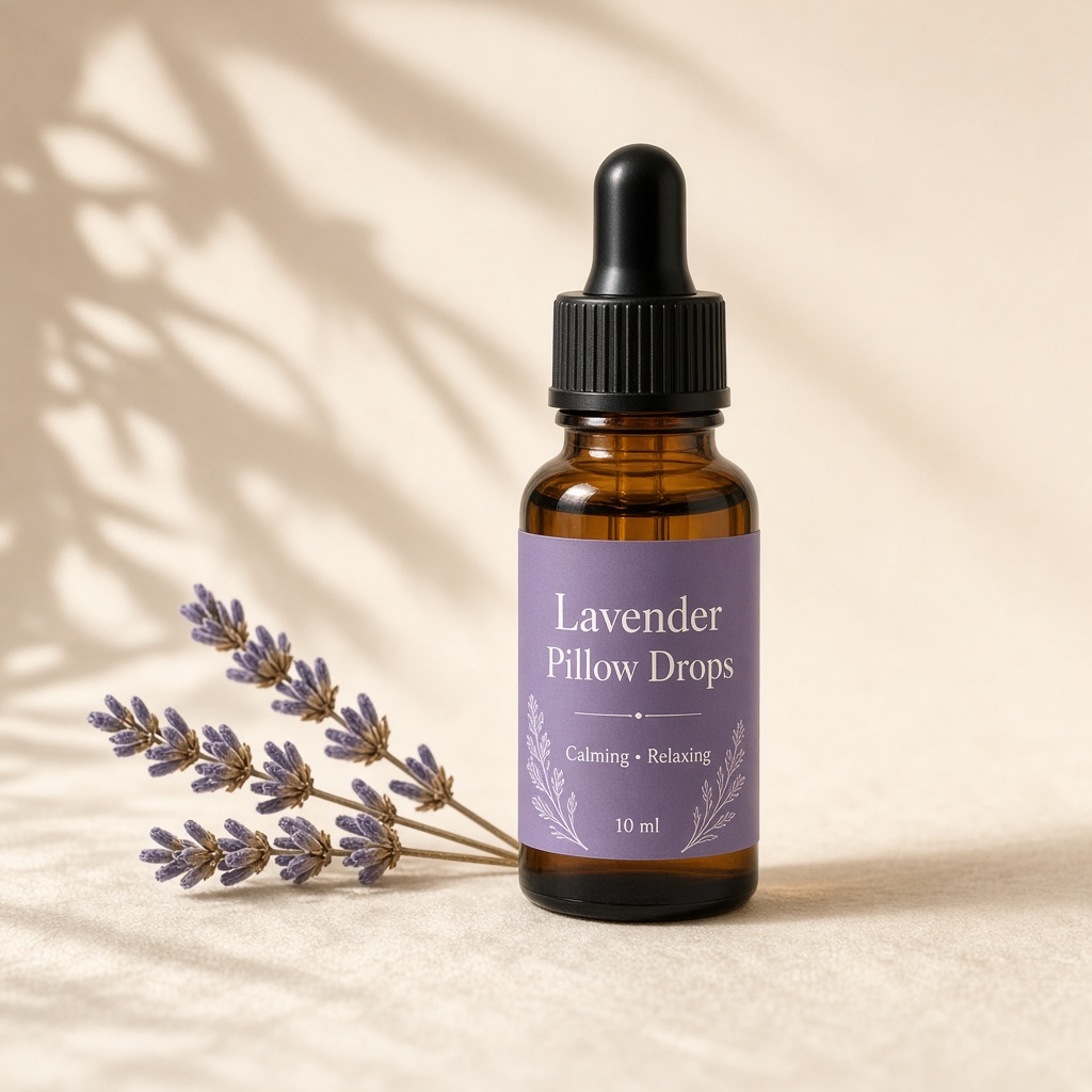 Concept image of a 10 ml lavender pillow drops bottle